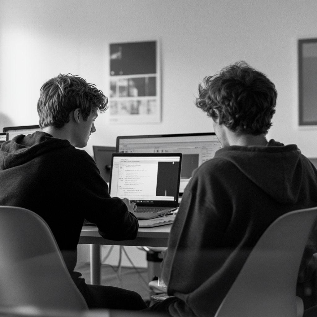 Two Men Chatting Laptop Office