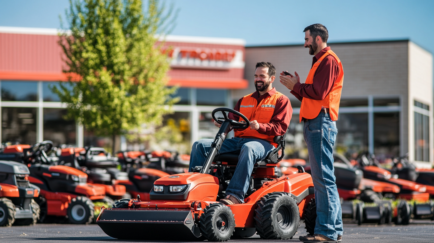 Two men at lawn mower store