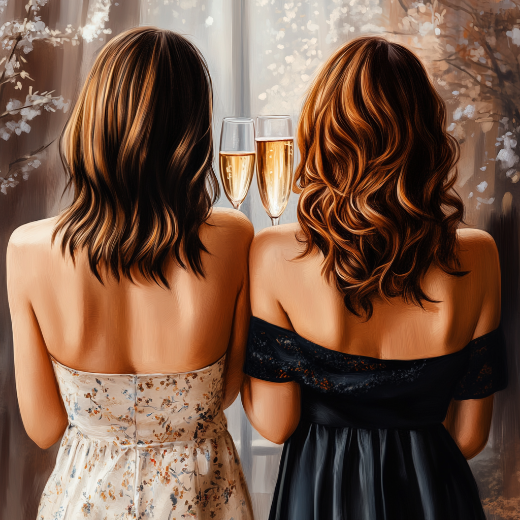 Two women celebrating with champagne cheers