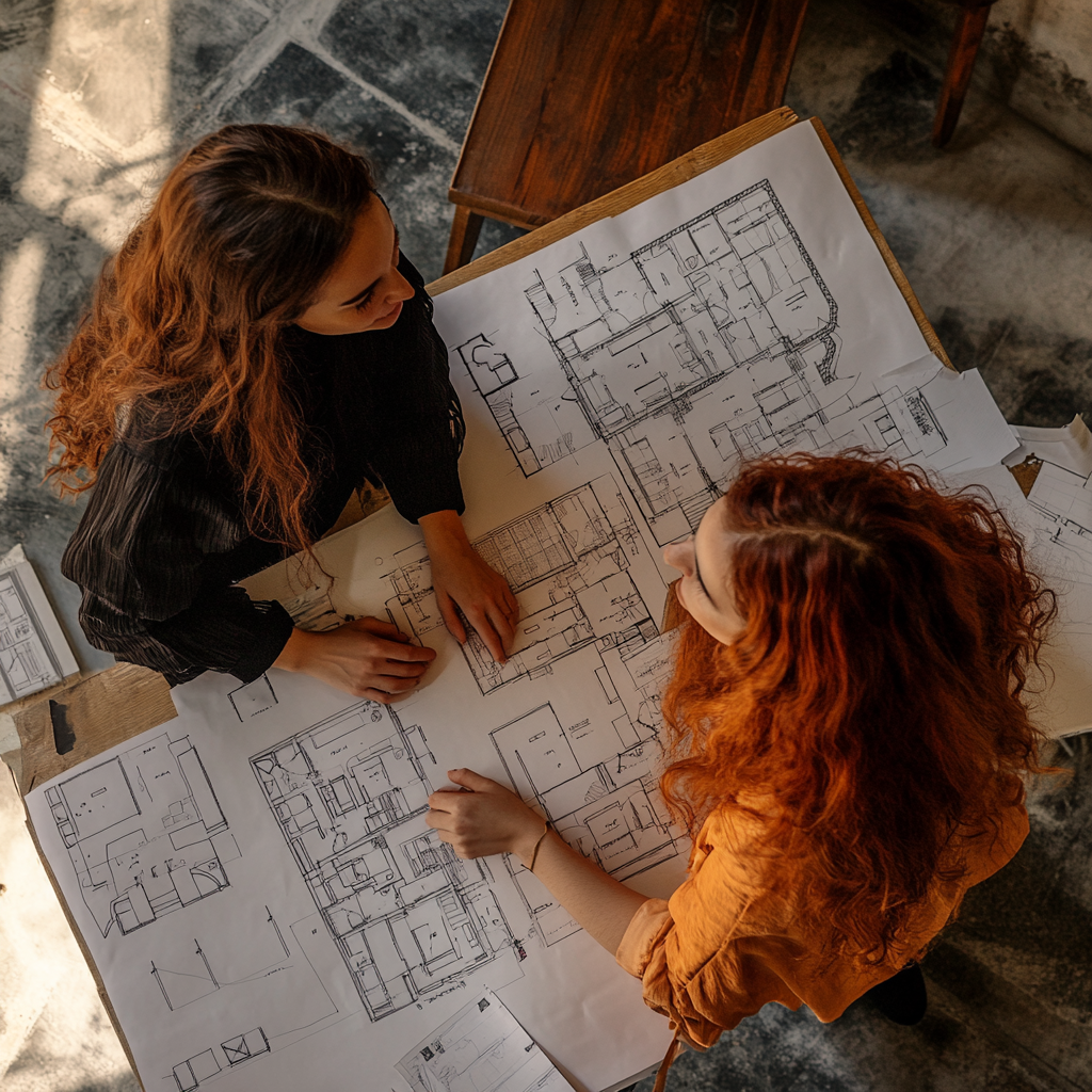 Two Women Studying Floor Plans