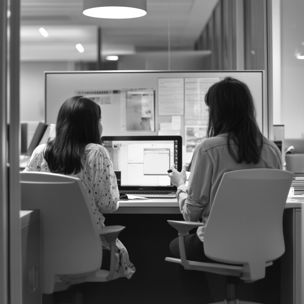 Two women discussing work at office desk