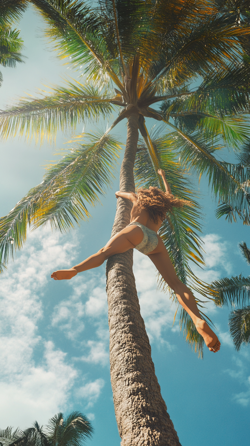 Woman hanging from palm tree