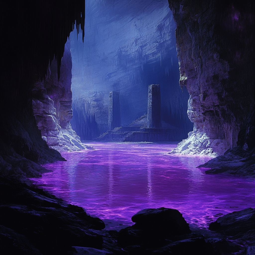 purple bioluminescent underground temple lake