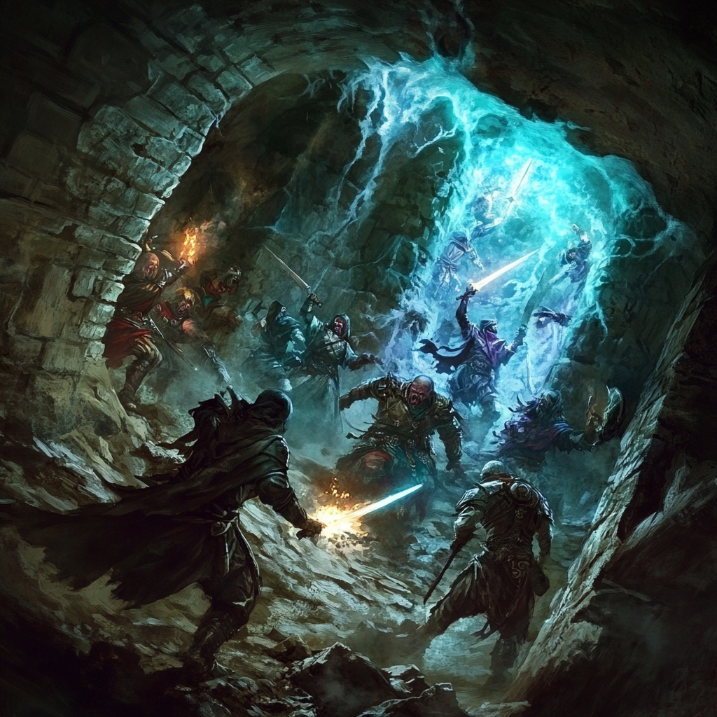 Adventurers battling hobgoblins underground passage