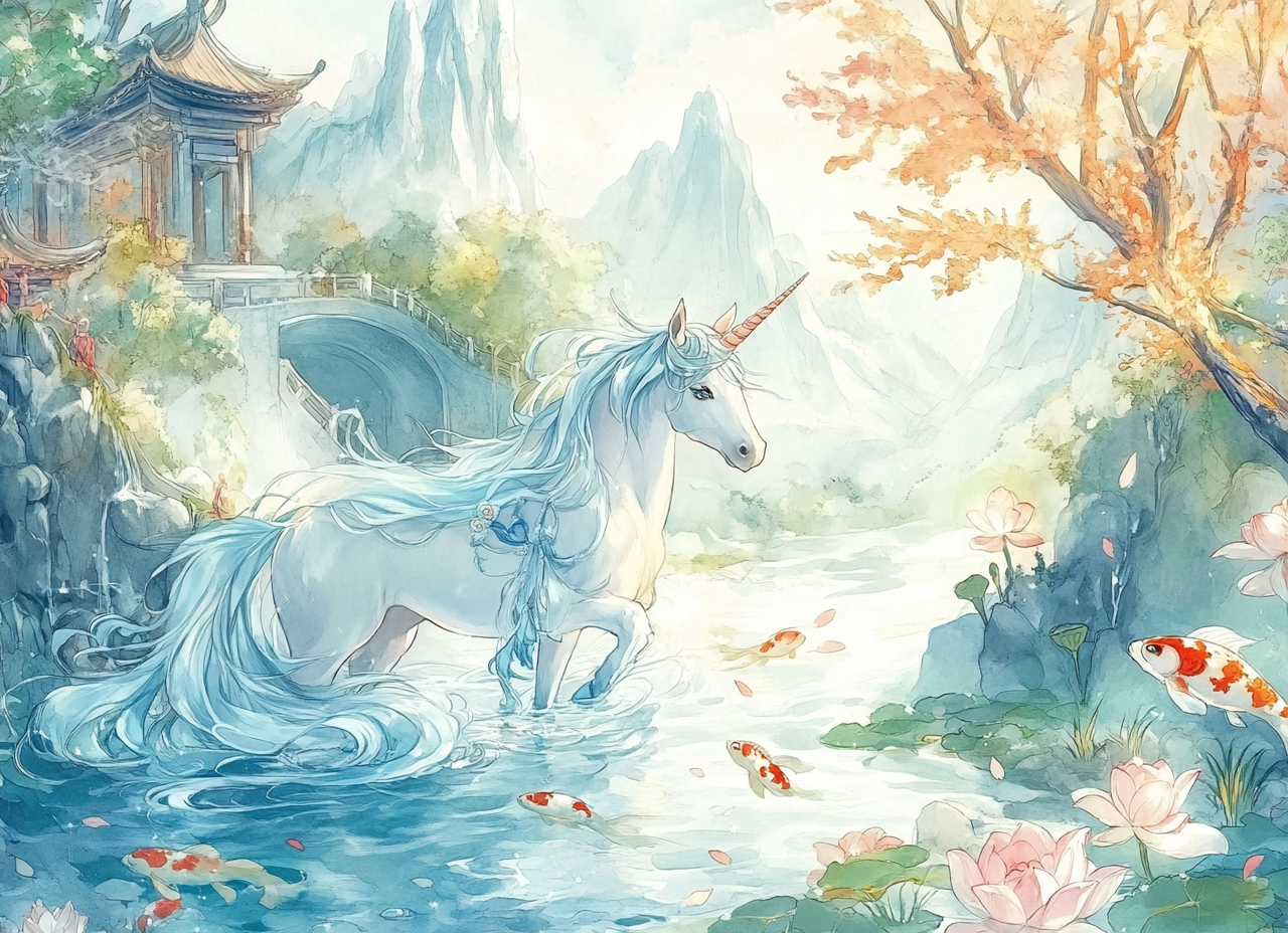 Elegant unicorn reflection in tranquil river