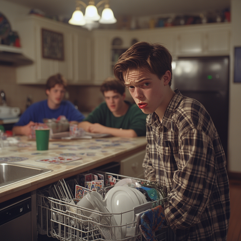 upset teenager unloads dishwasher, friends play card games nearby.