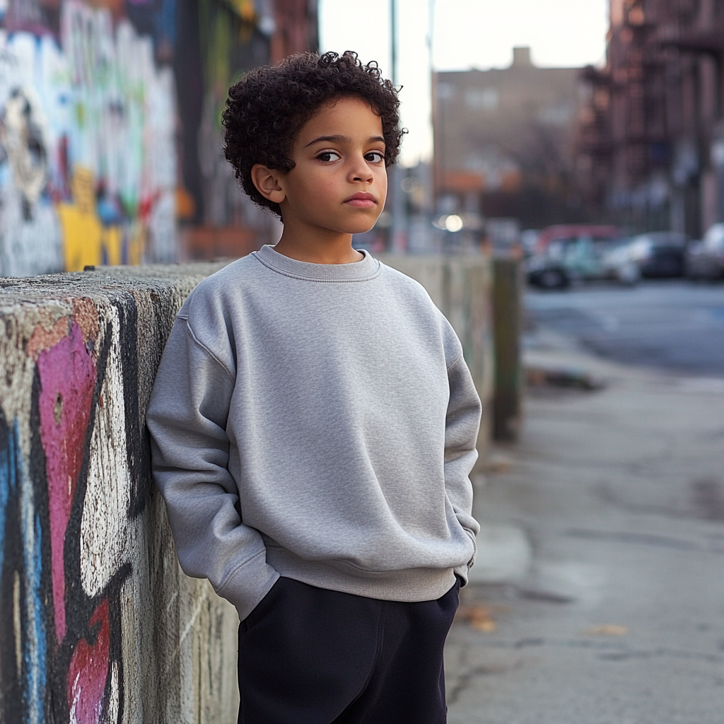 child in crew neck sweatshirt urban setting