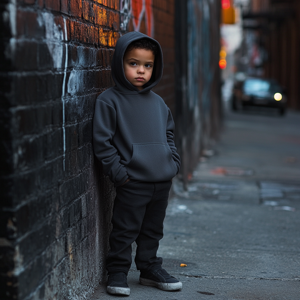 Child in casual hoodie urban setting