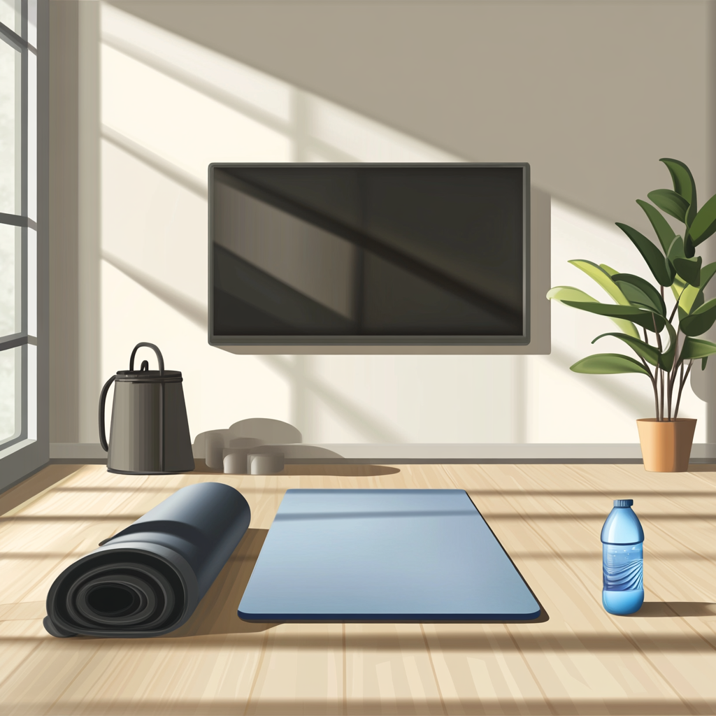 vector style living room scene with exercise equipment.