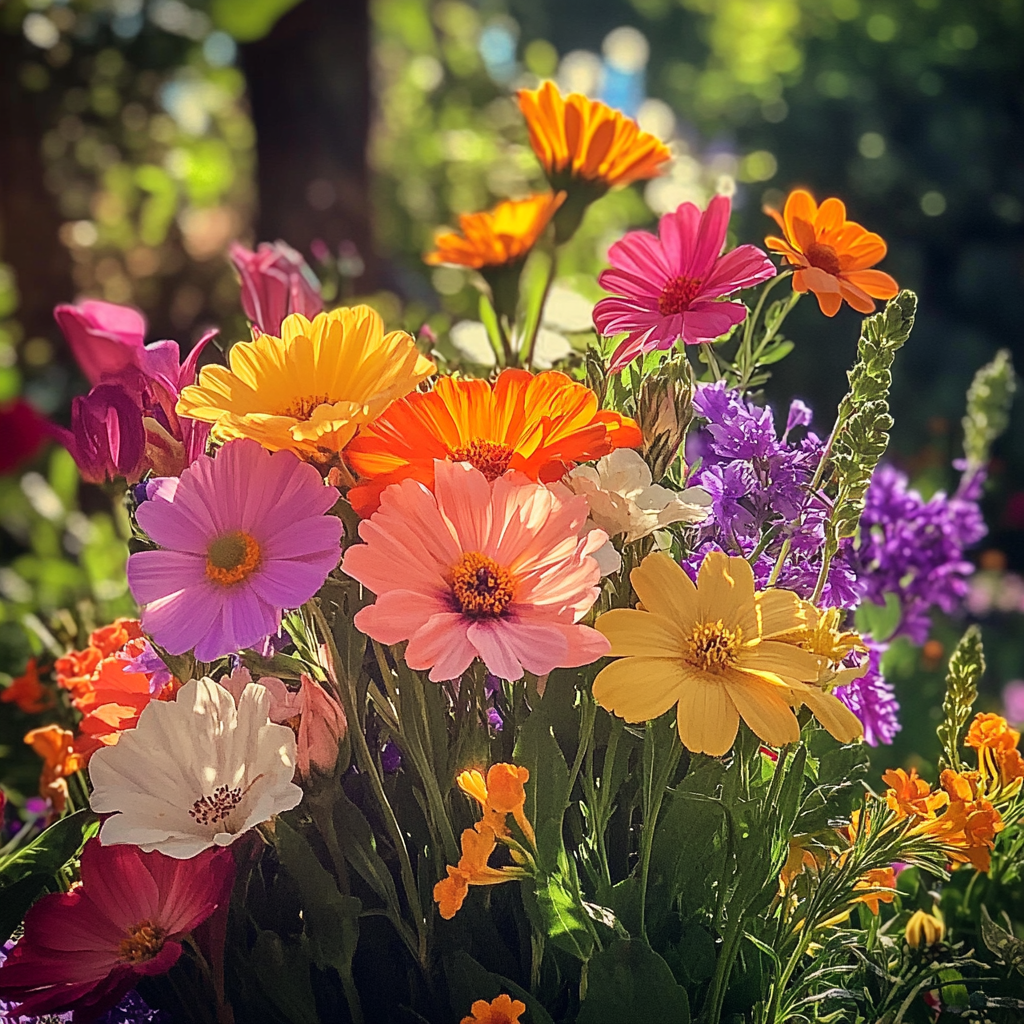 Colorful flowers in lush garden