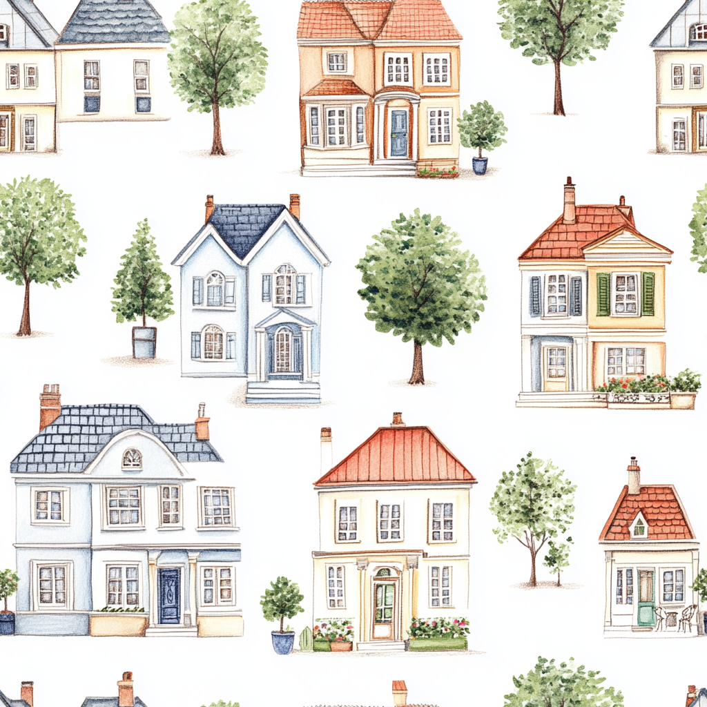 Illustration of Victorian Houses and Trees