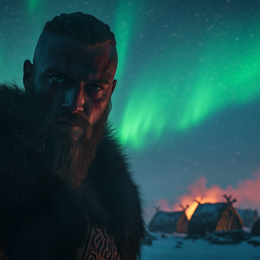 Viking warrior in northern lights