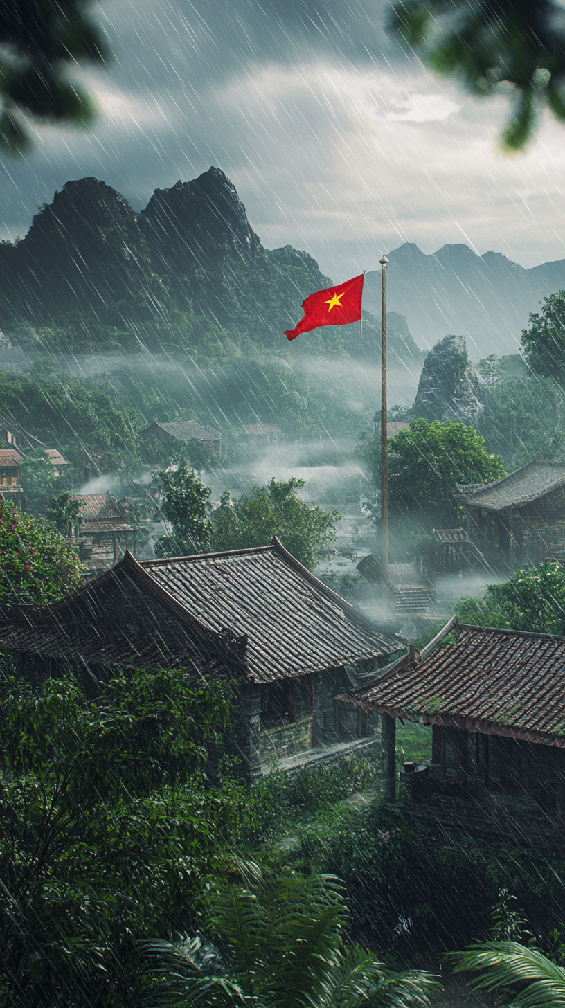 village rooftops covered in raindrops with Vietnamese flag fluttering