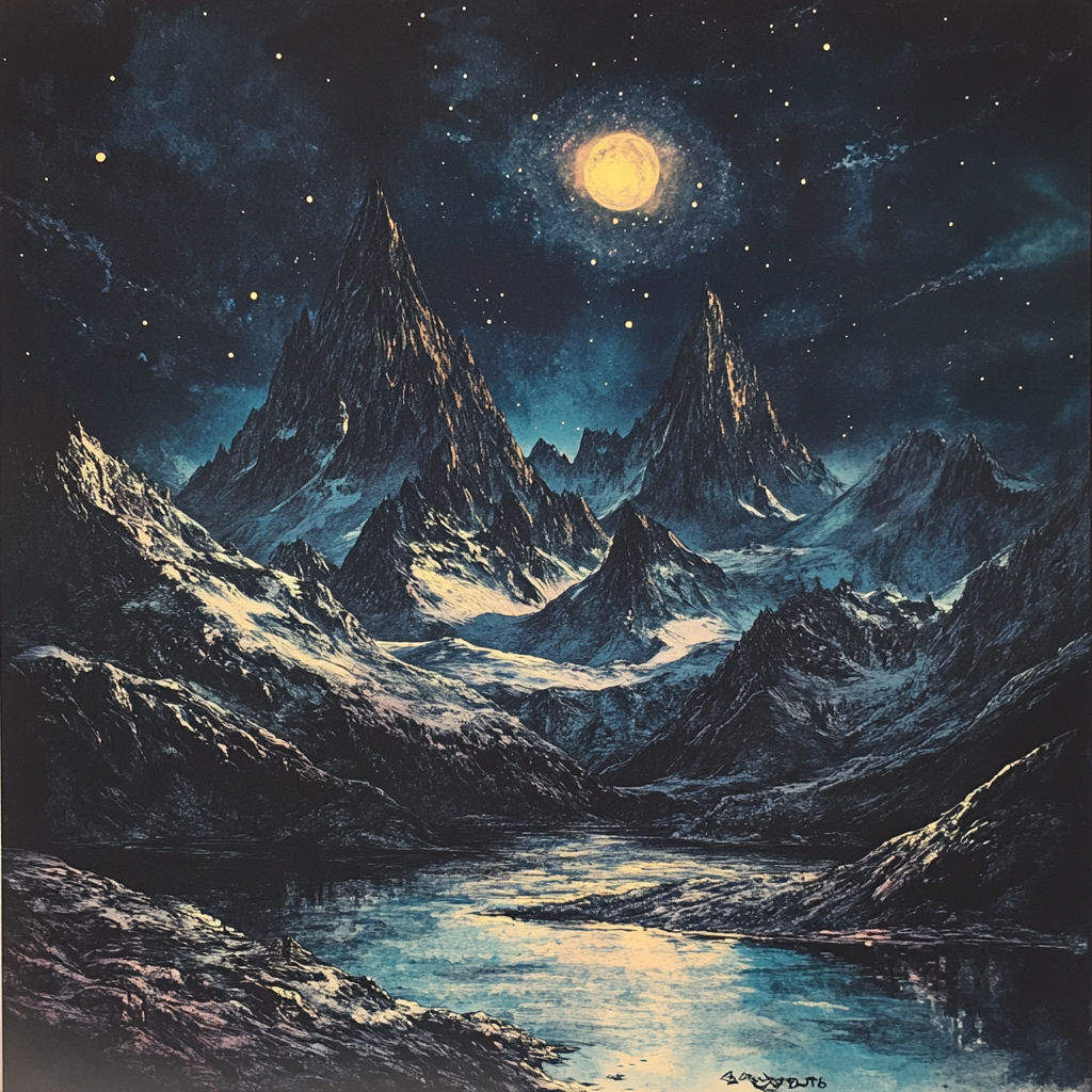 Fantasy mountain range under night sky