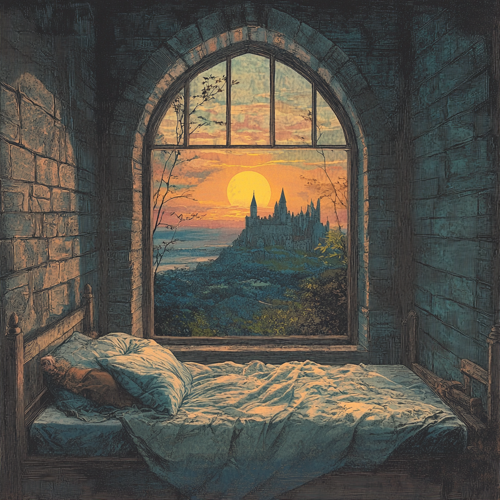 vintage fantasy gnome sunrise castle