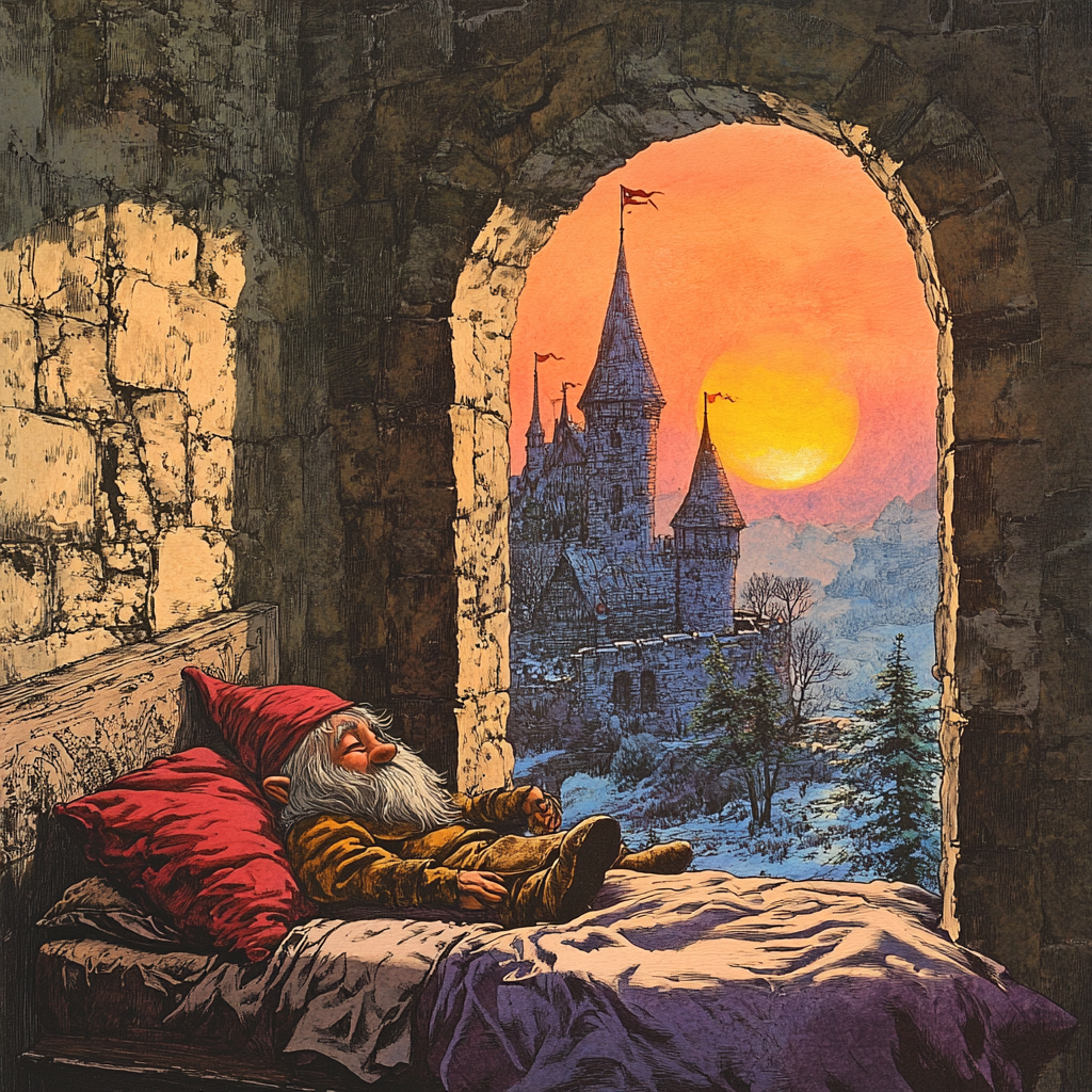 Gnome Castle Sunrise Fantasy Art