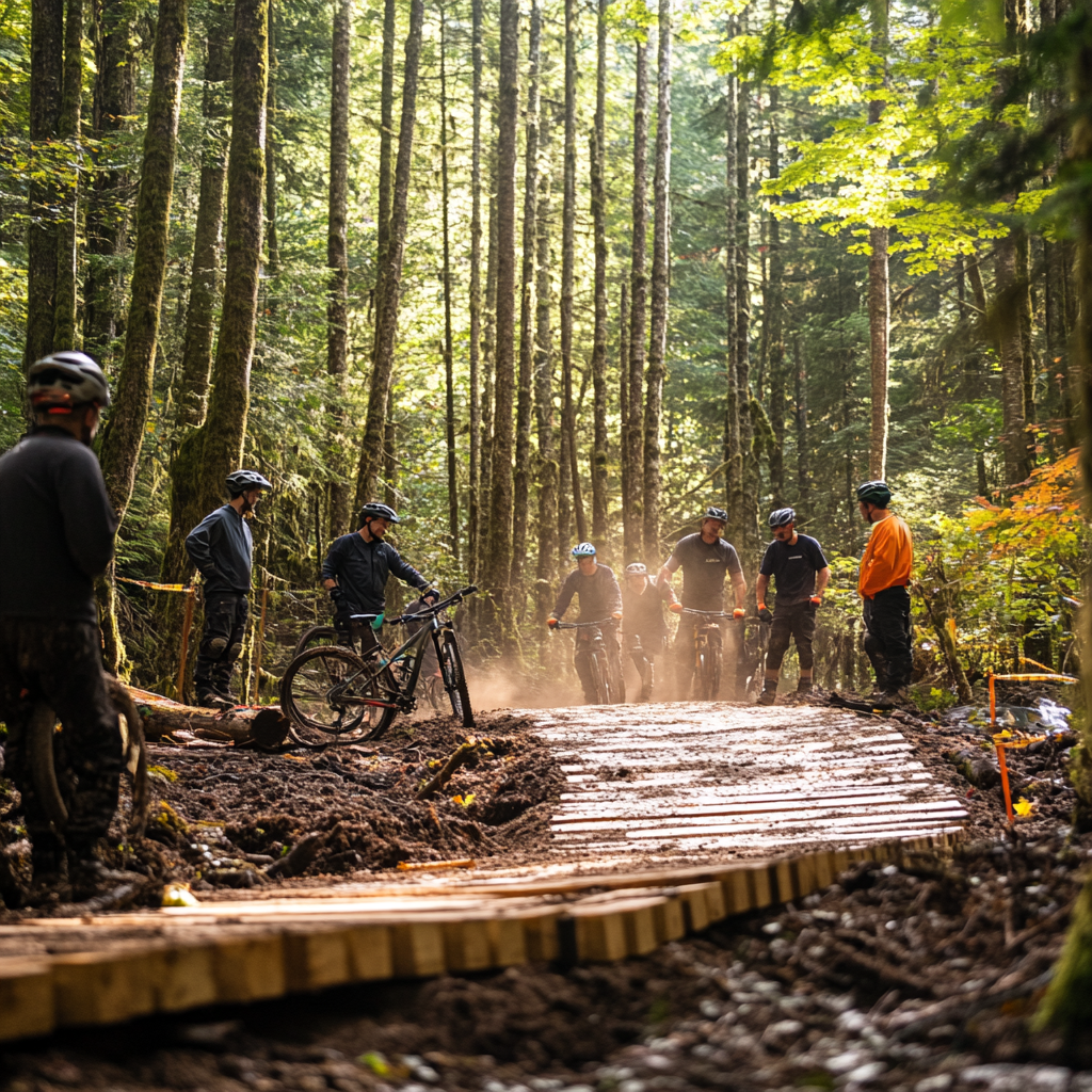 Group of volunteers building mountain bike trail