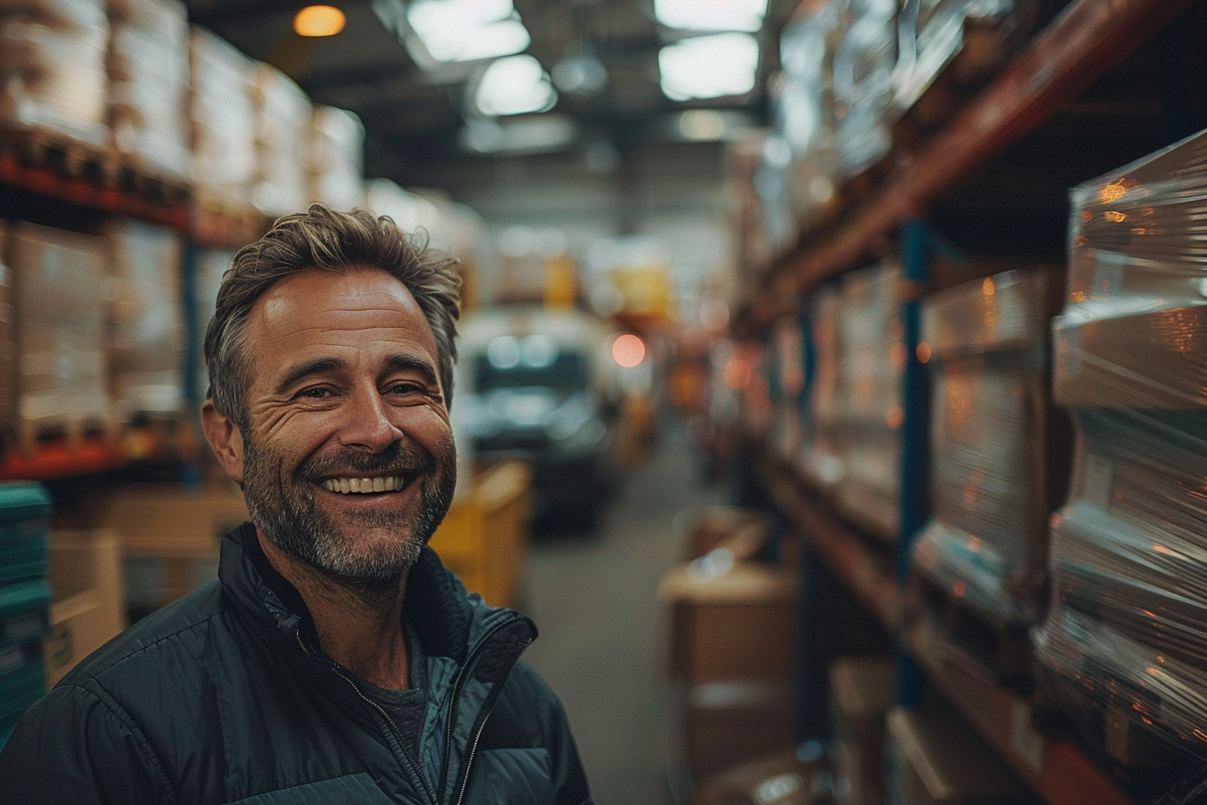 Man Smiling in Warehouse Setting