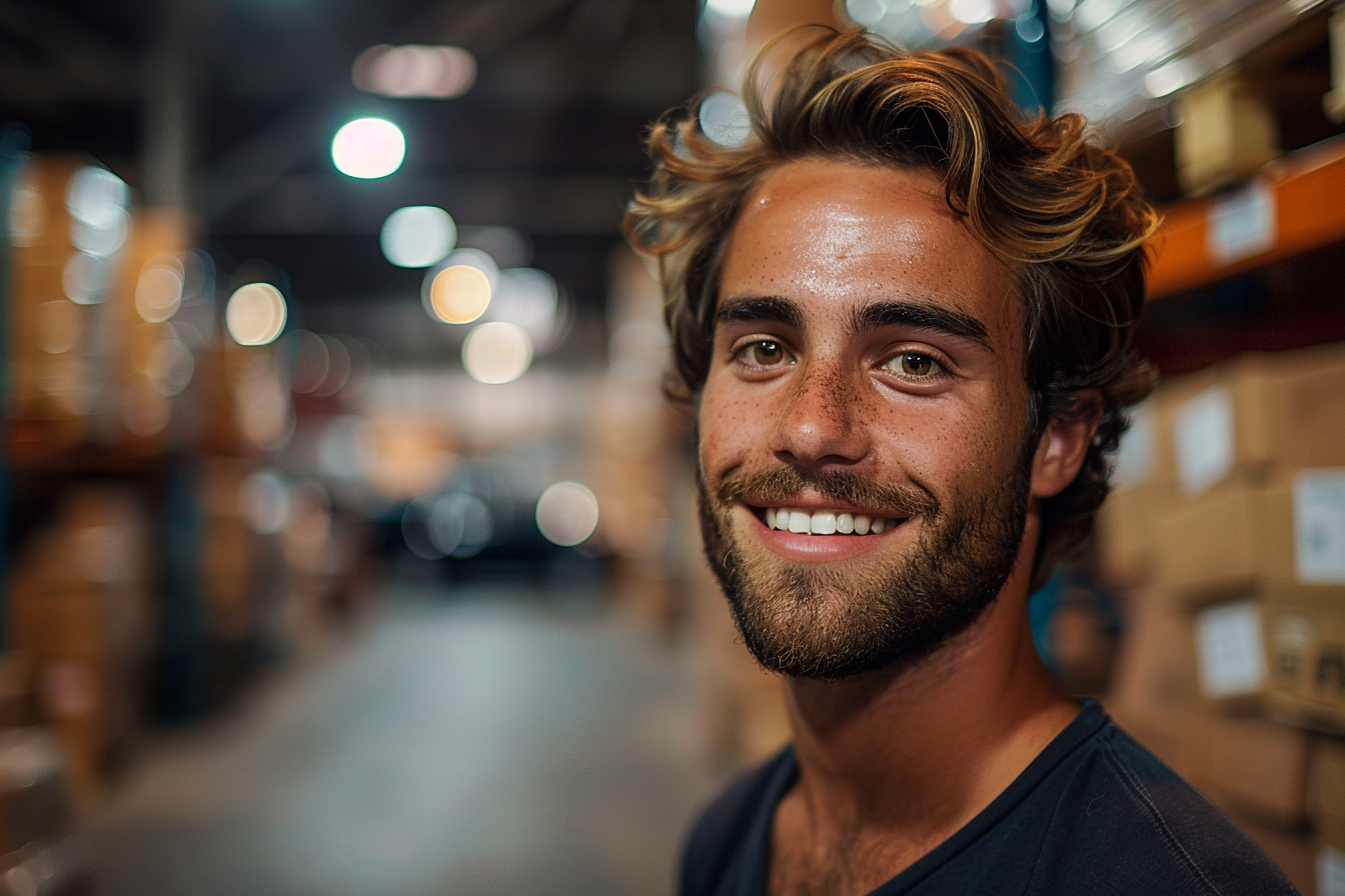 man smiling in warehouse with boxes and car