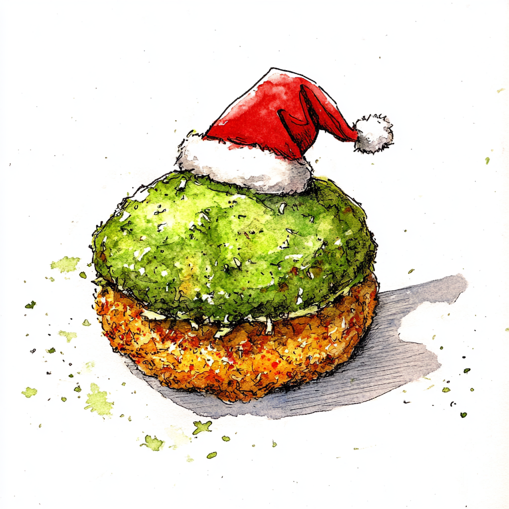 water color illustration and line art ink drawing Chrisma hat falafel