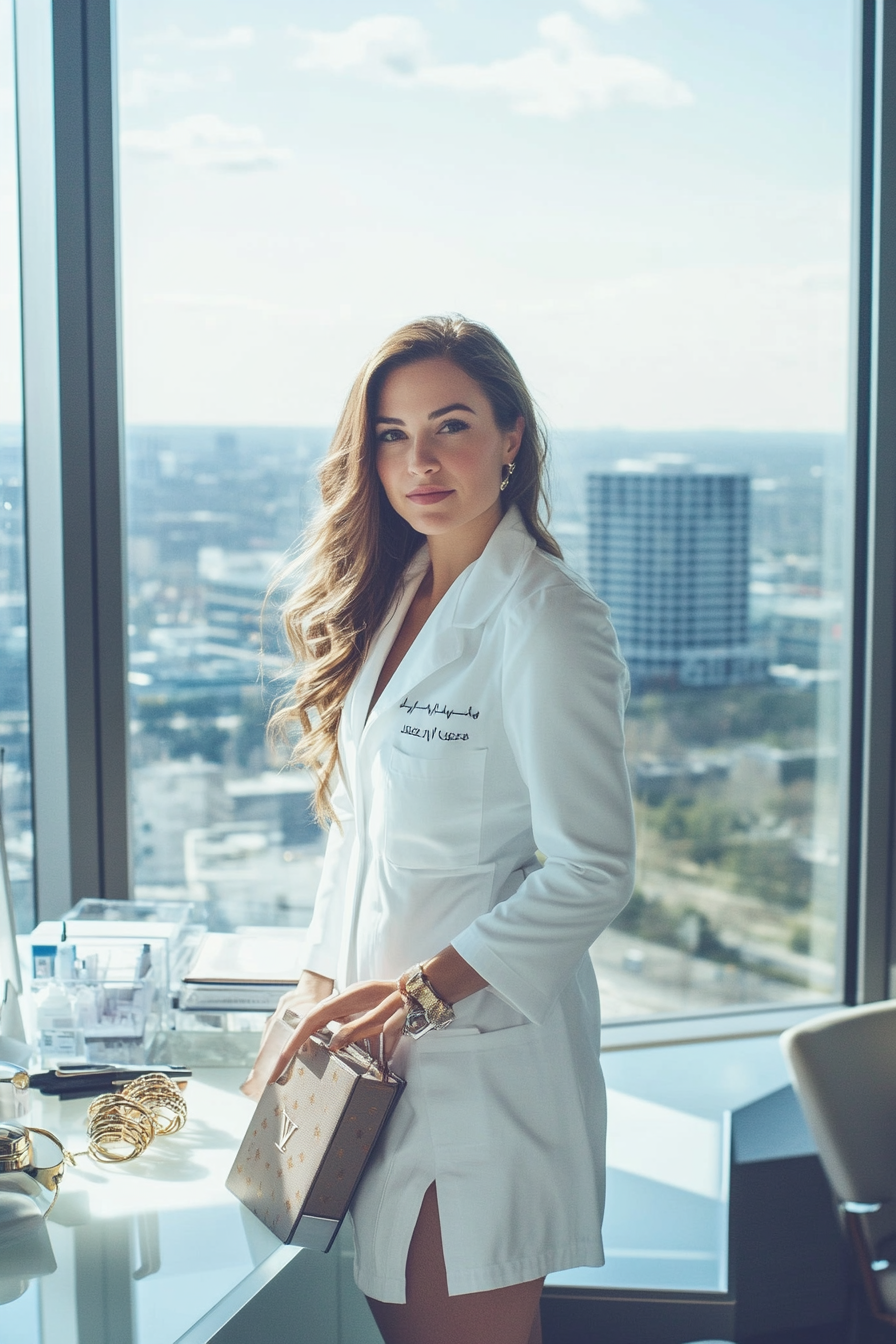 wealthy female doctor in upscale office with luxury items