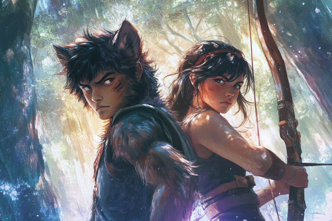 werewolf boy and girl with crossbow in forest.