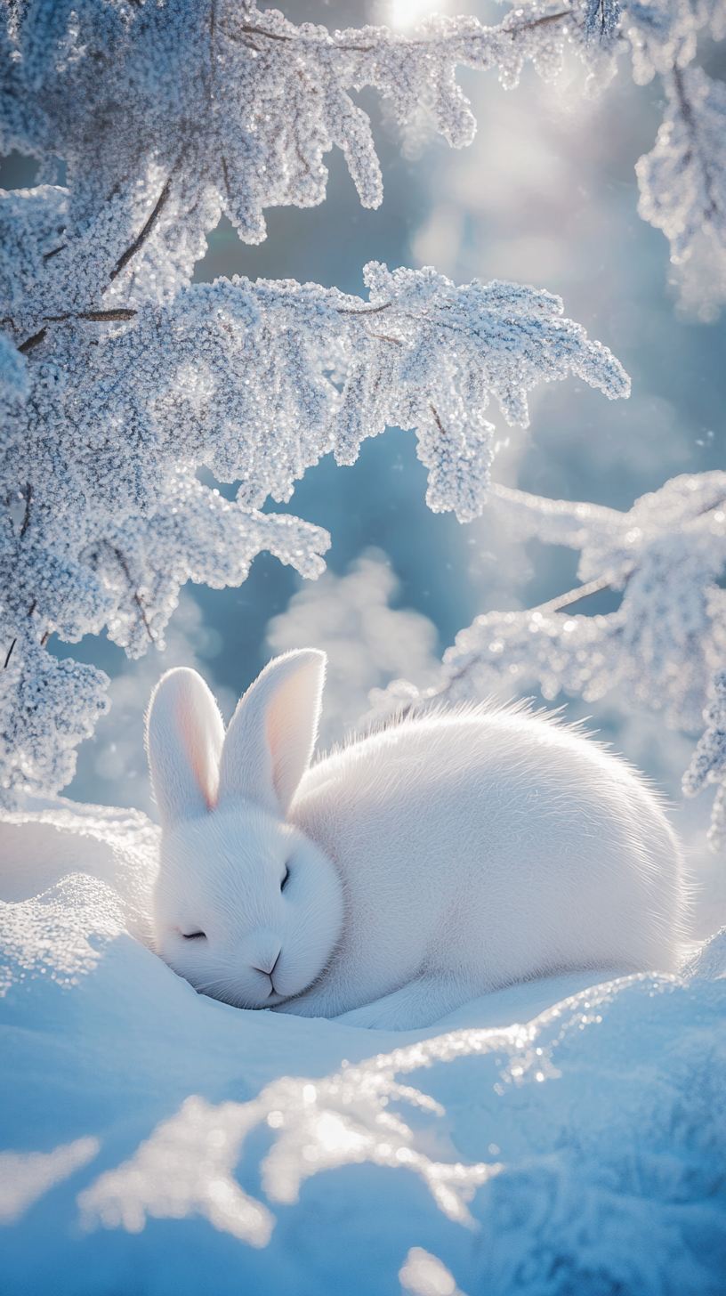 Rabbit sleeping in snowy landscape