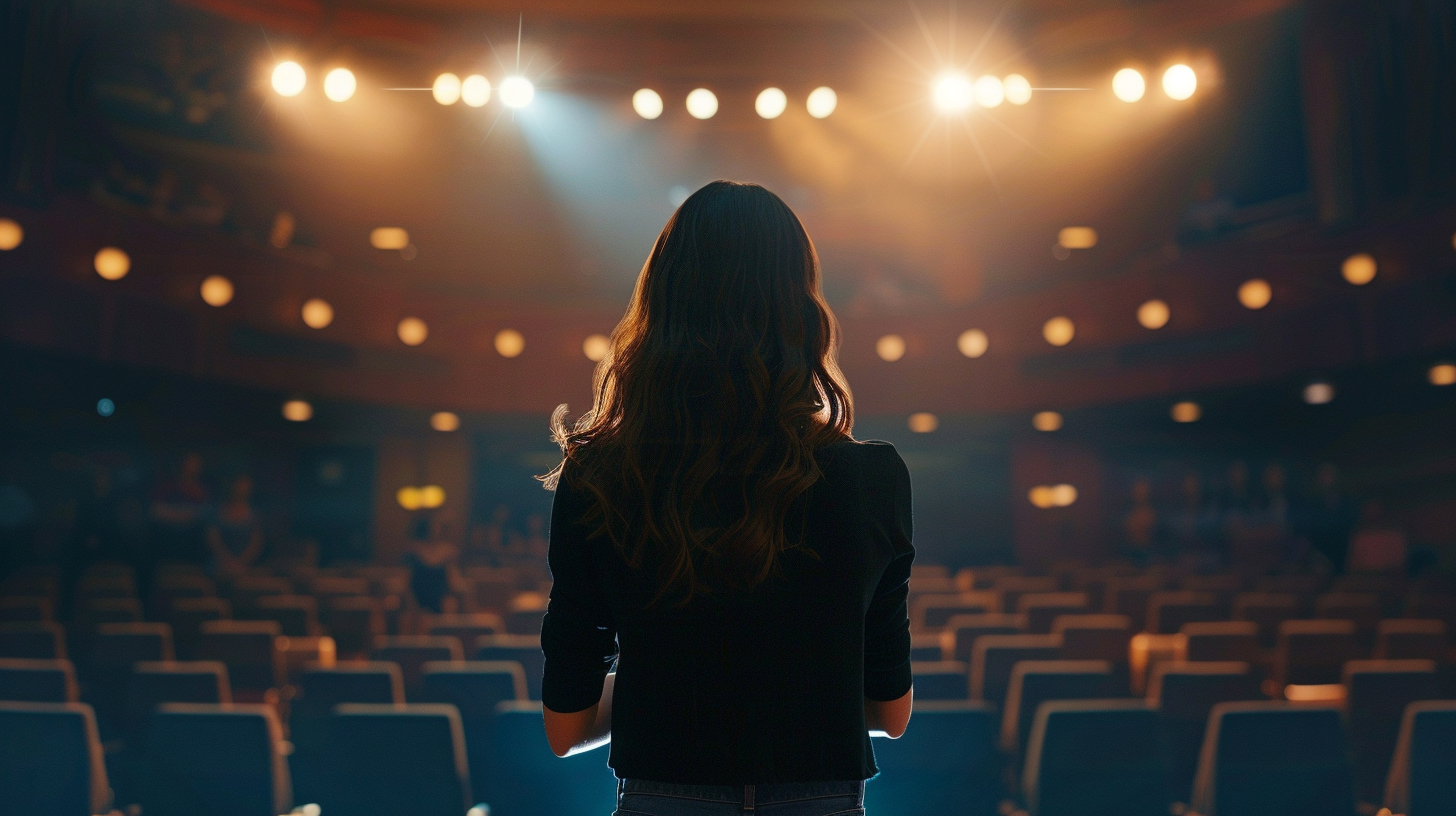 wide shot of entrepreneur pitching business idea onstage.