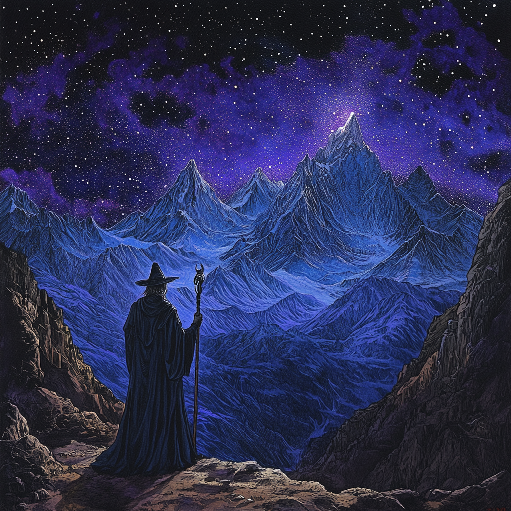 wizard admiring stunning mountain night