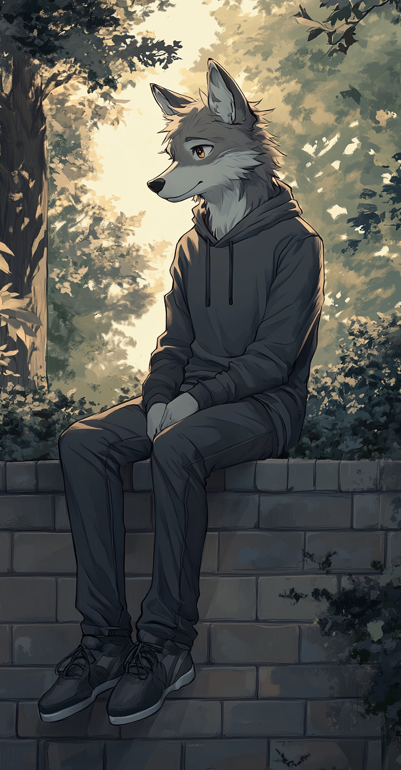 Cartoon wolf furry sitting brick wall