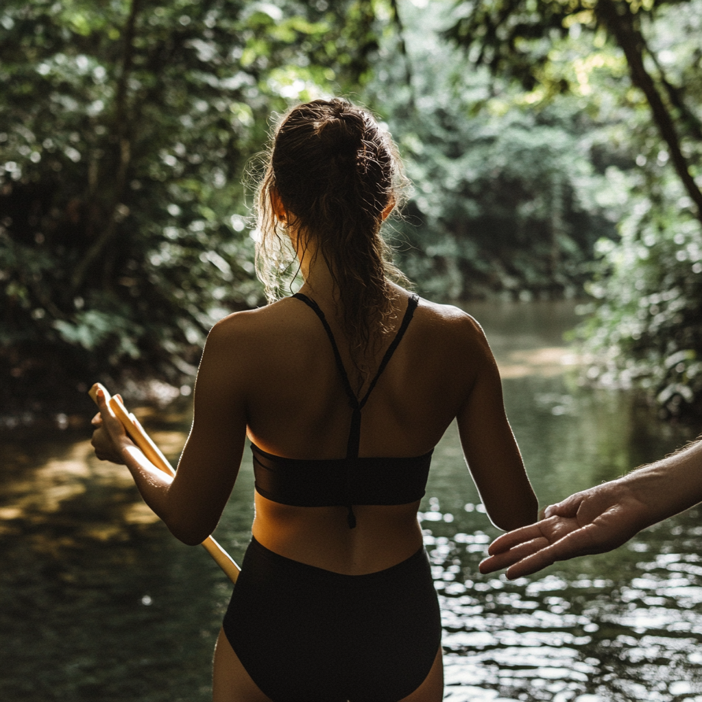 Woman receiving relay baton outdoors