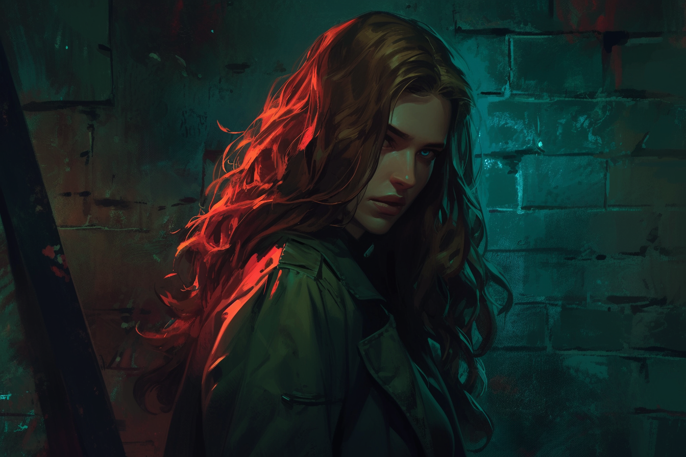 Woman Green Jacket Dark Alley