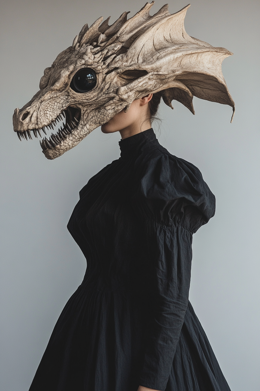 woman black dress dragon skull