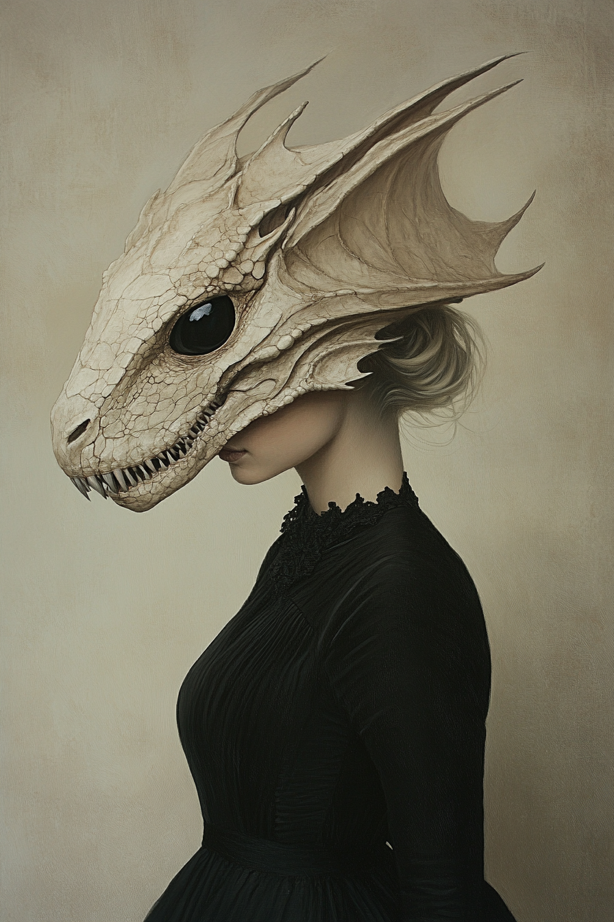 woman in black dress dragon skull