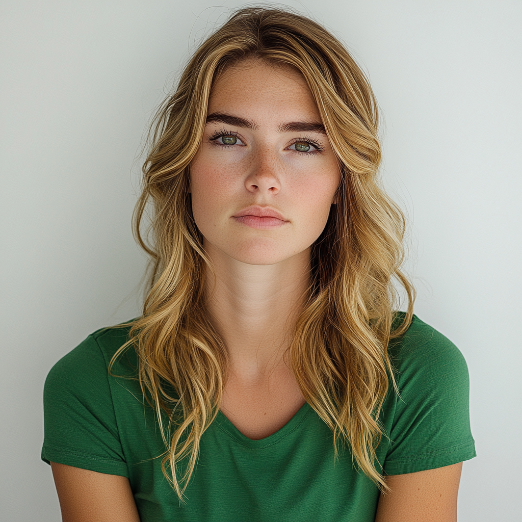 Woman Blonde Hair Green Shirt Stressed