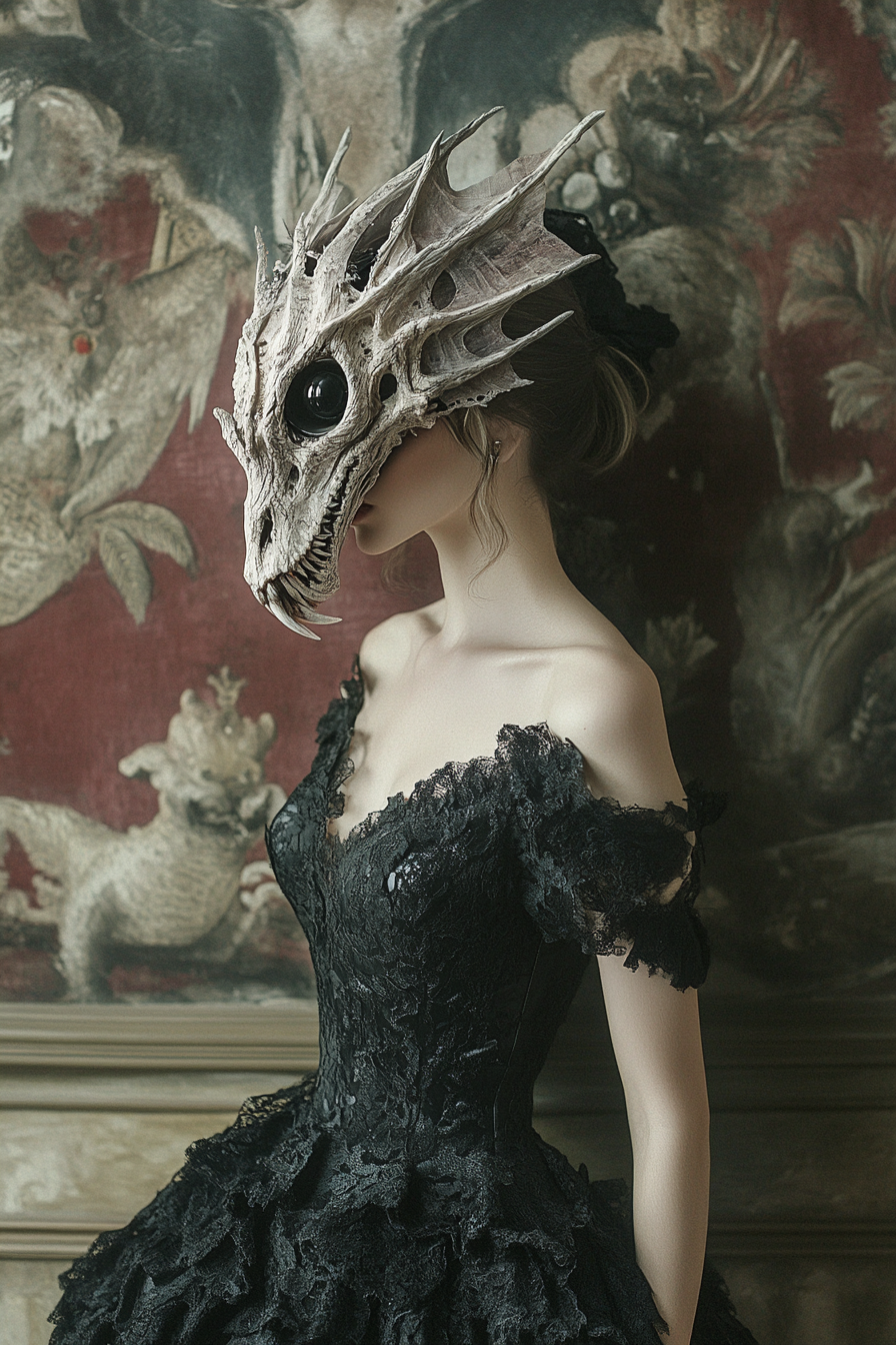 Woman in Black Dress Dragon Skull