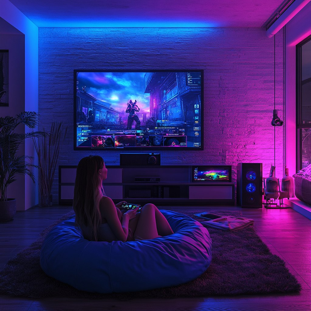 woman enjoying video game on bean bag chair.