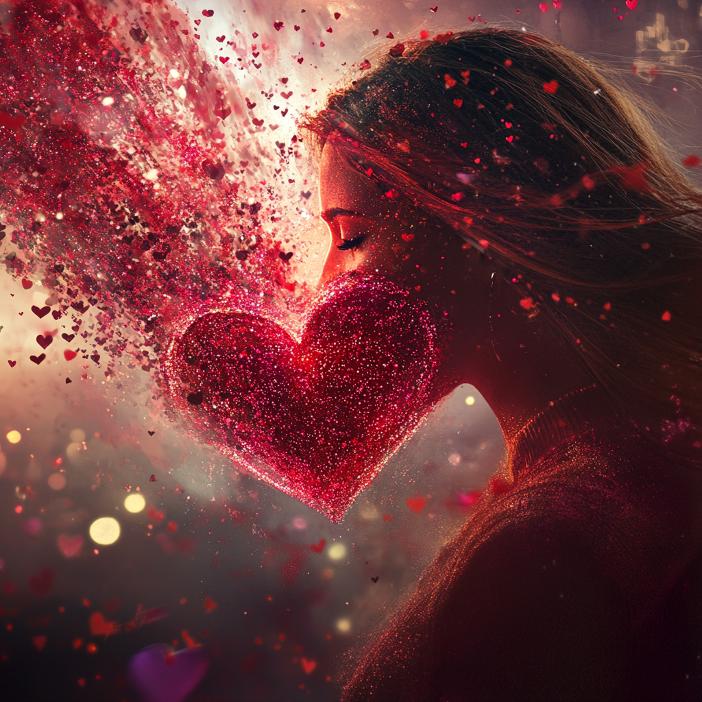 woman heart out red pink sparkles liquids hearts mystical themed urban city Los Angeles Santa Monica