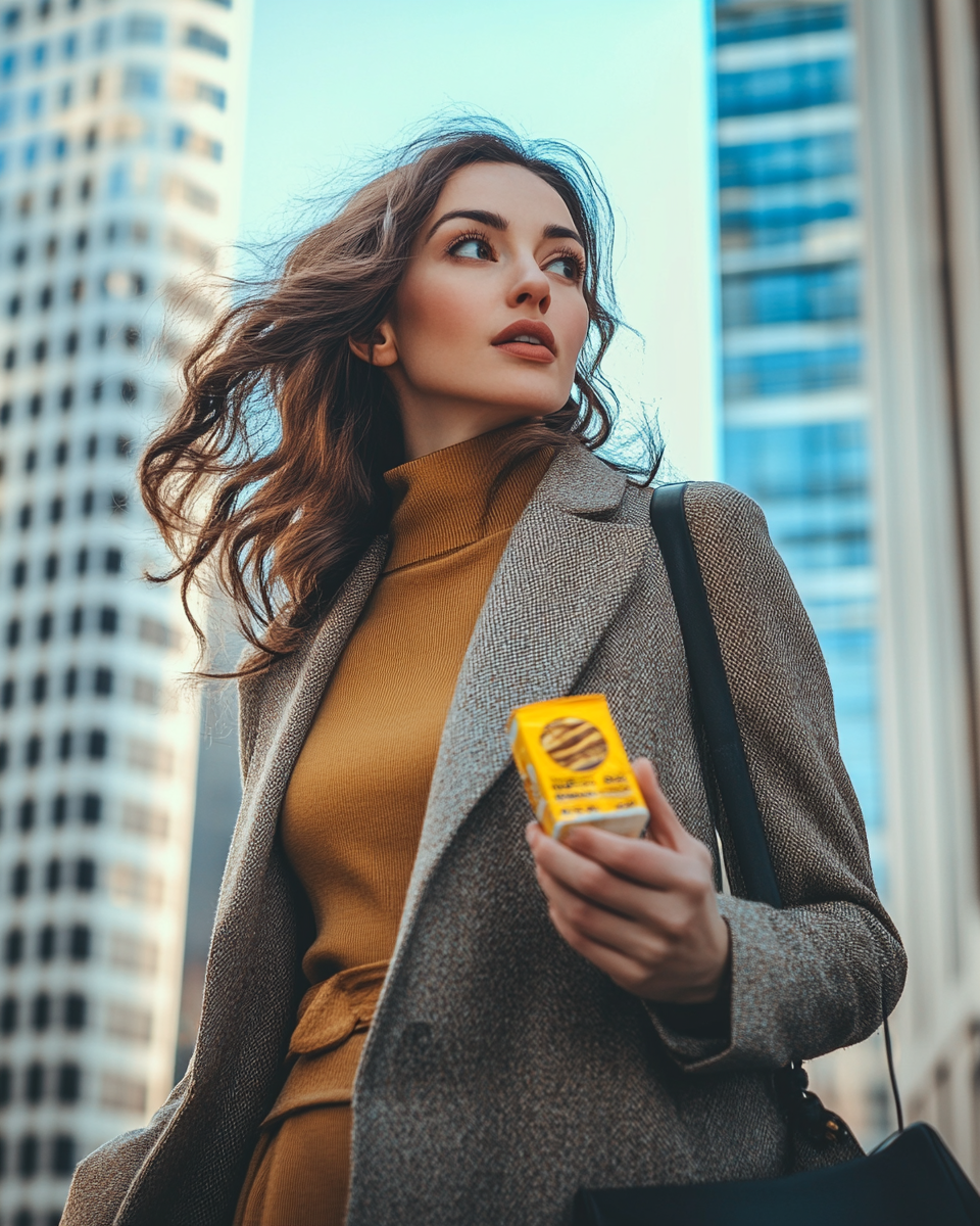 Woman professional holding energy bar outside