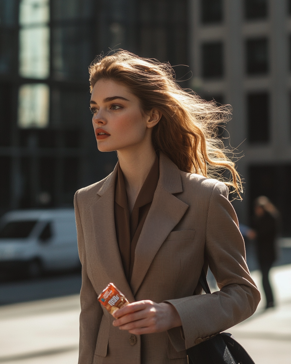 Woman holding energy bar profile