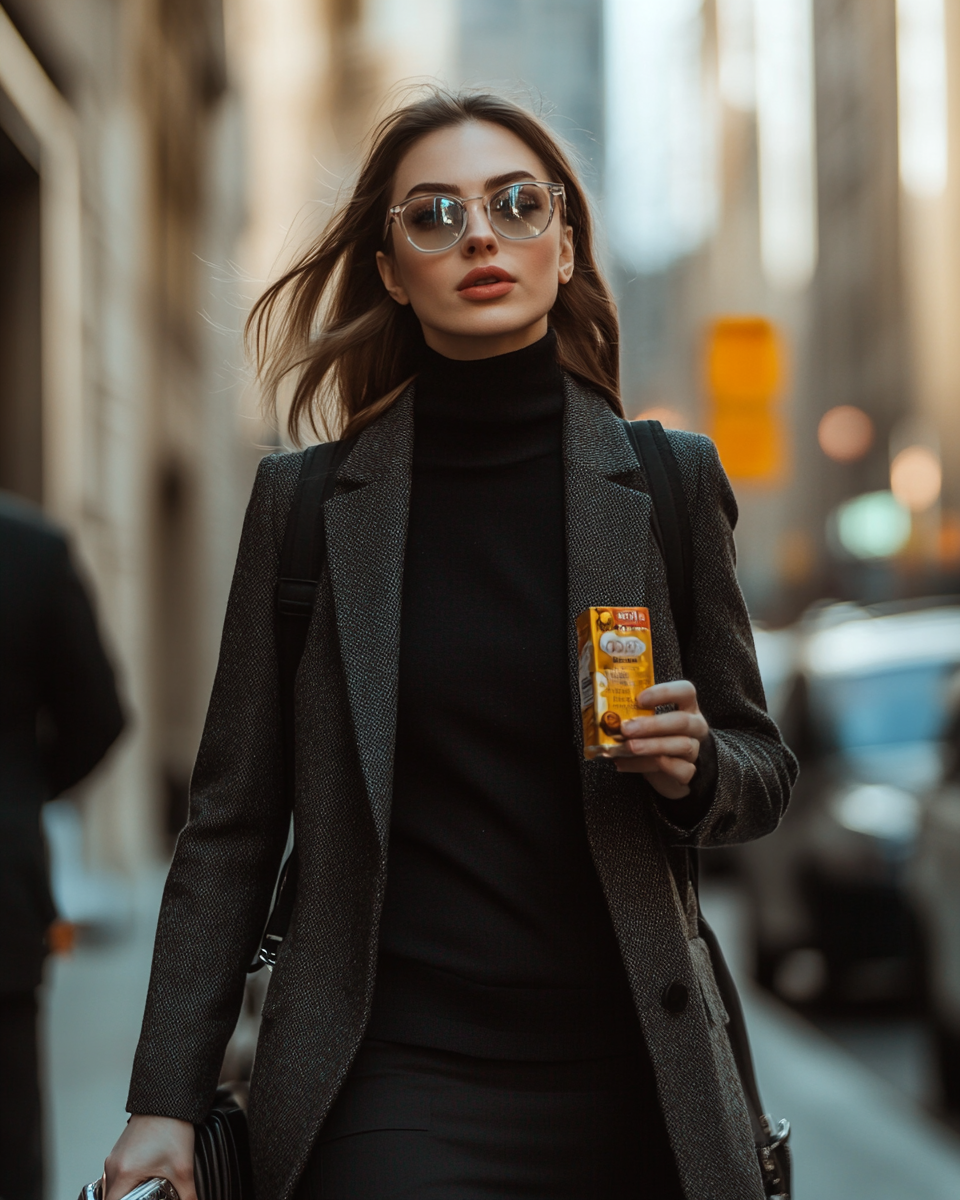 Woman holding energy bar in professional outfit