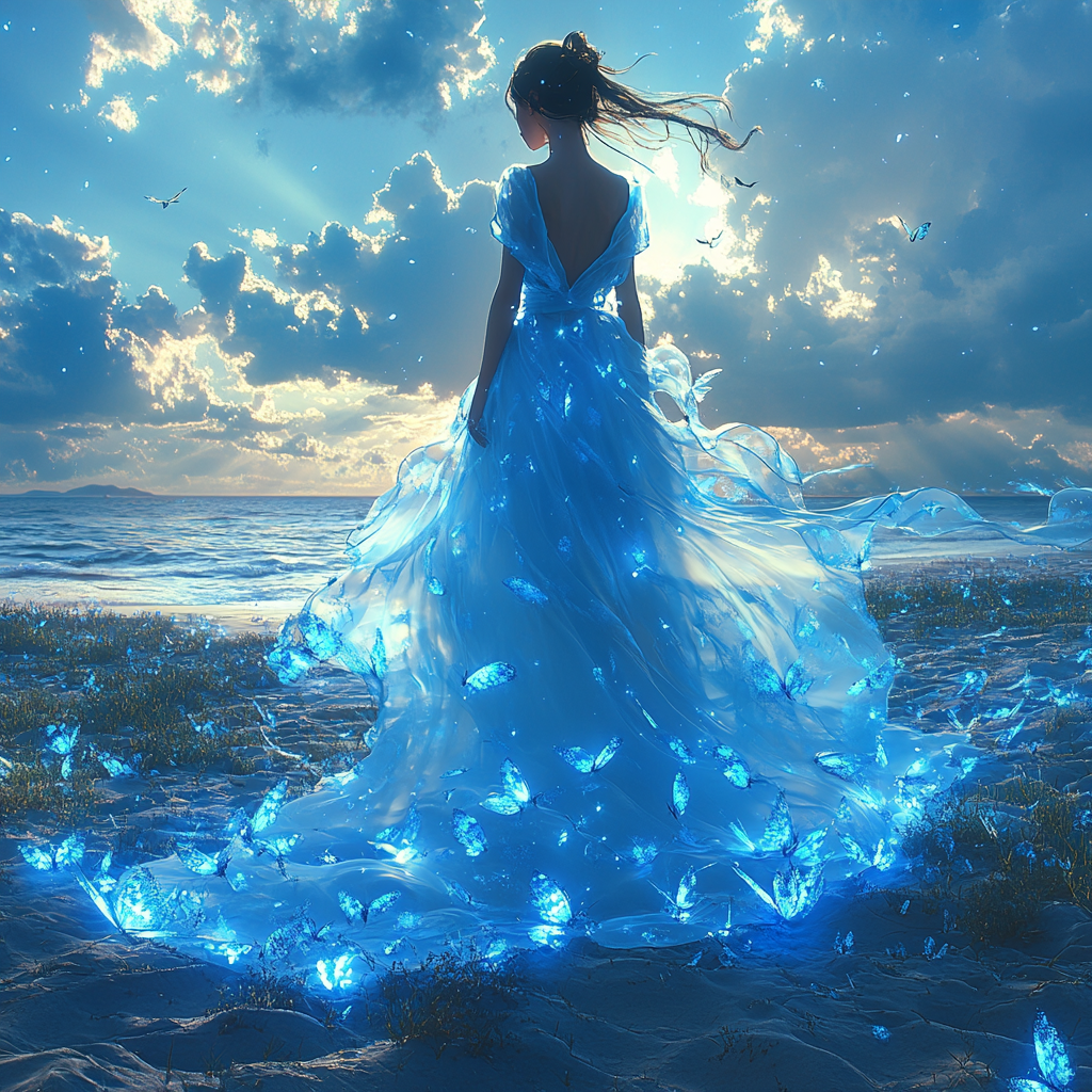 Woman in holographic blue gown praying