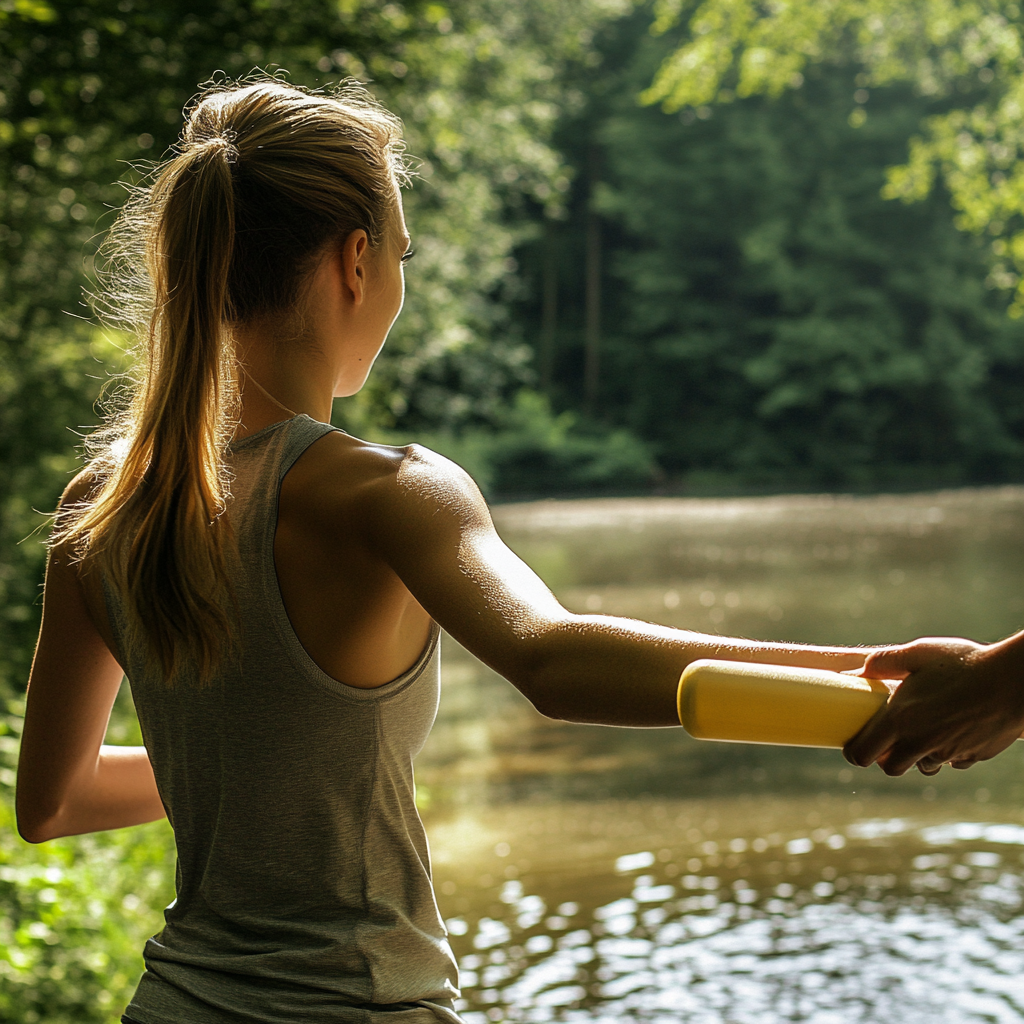 woman accepting relay baton nature