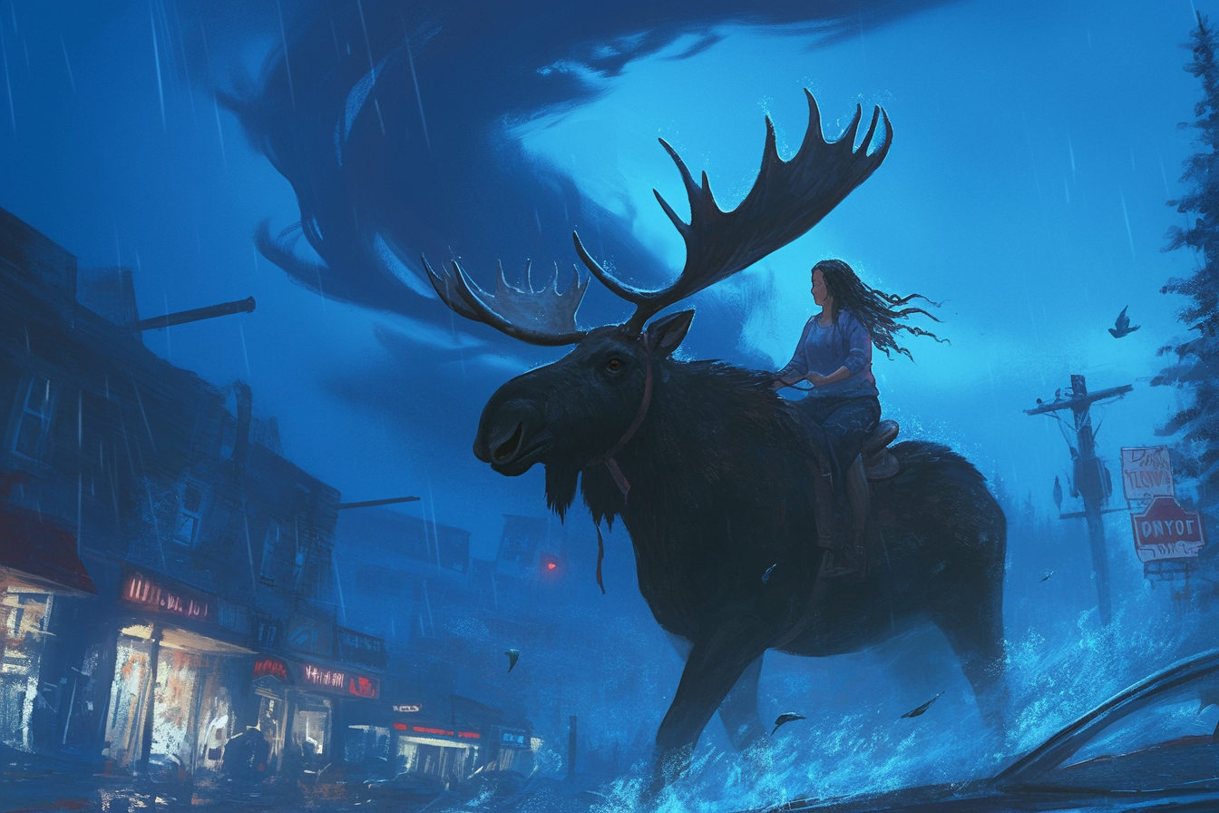 Woman on Moose with Tornado