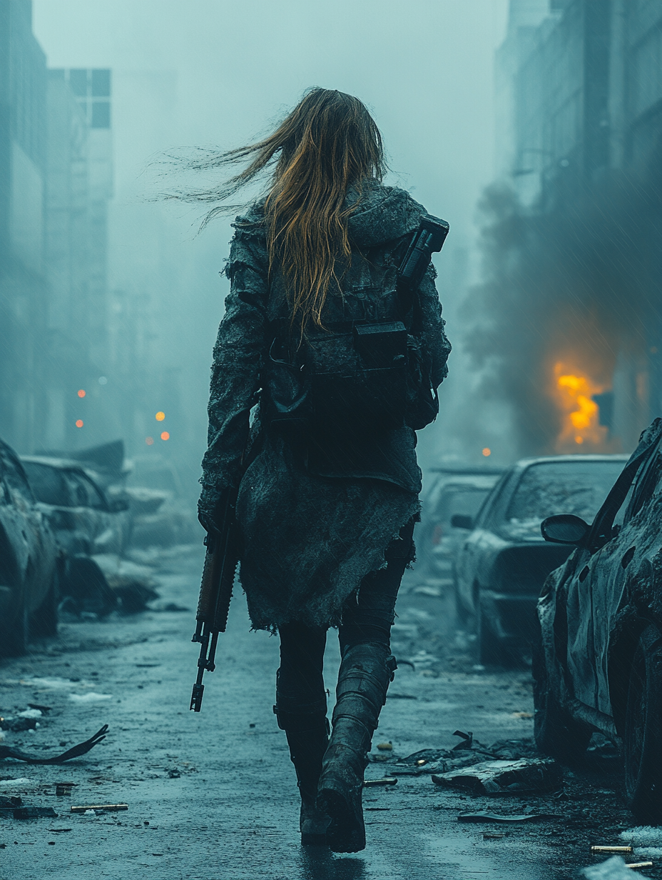 Woman with rifle in abandoned city