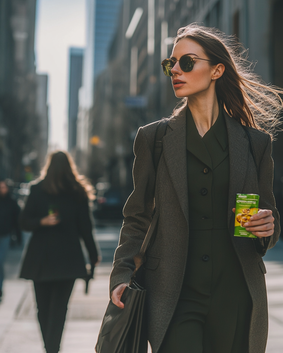 Woman rushing to office holding energy bar