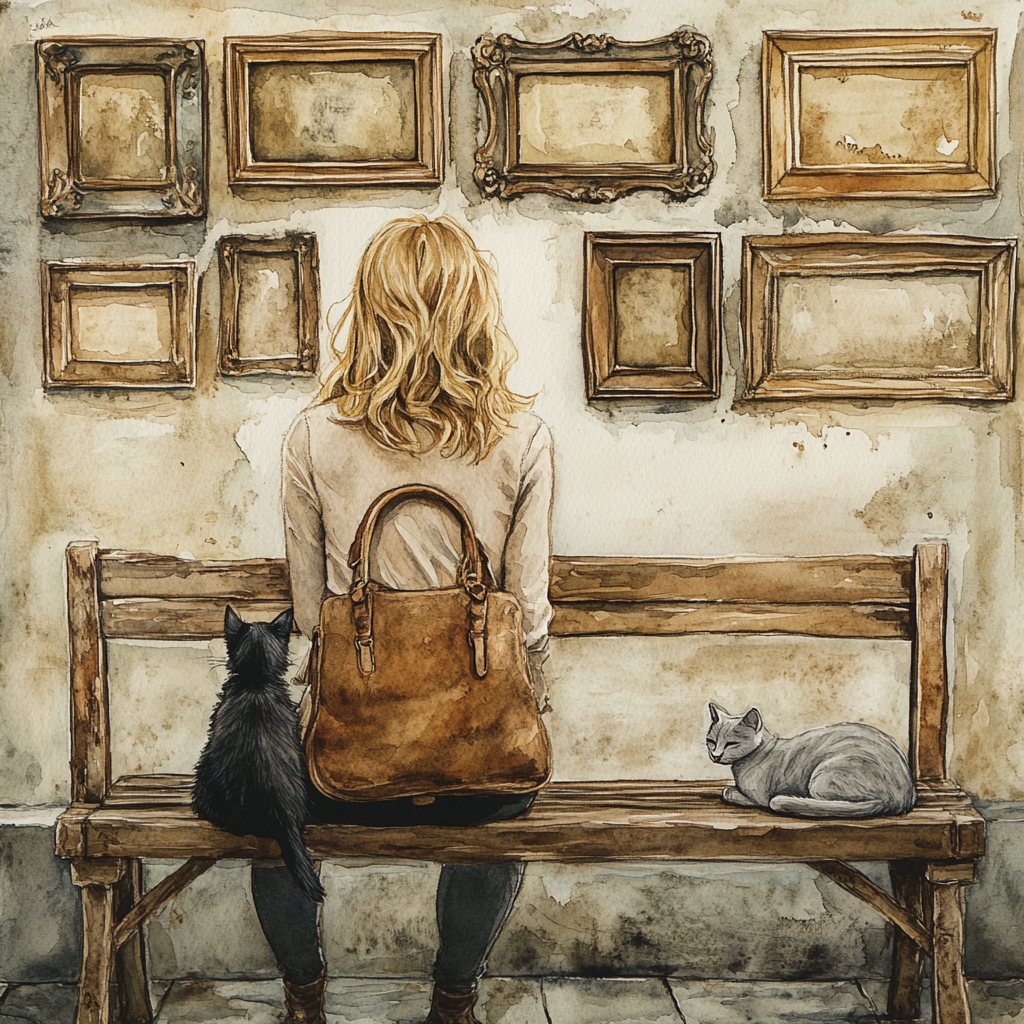 Woman Sitting on Wooden Bench Watercolor