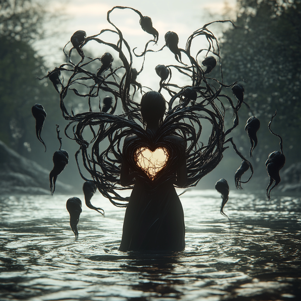 woman stands in river with heart tendrils and fetuses