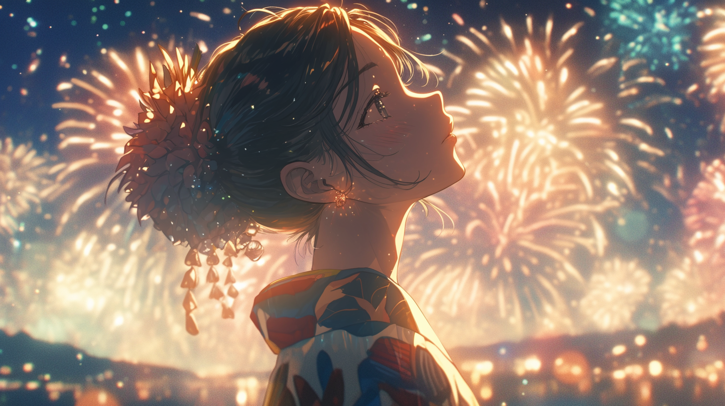 Woman in Japanese Yukata Fireworks