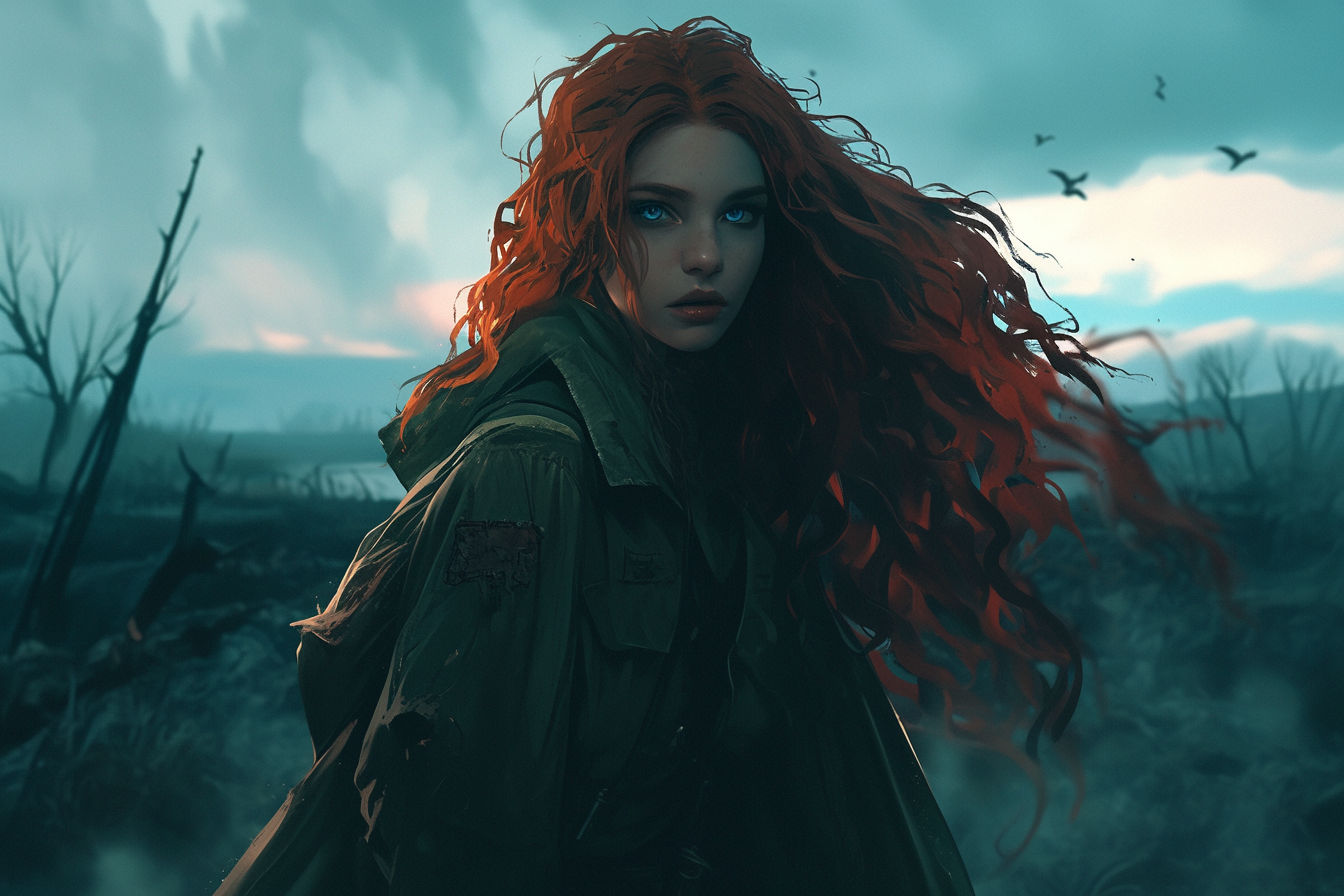 Woman in Green Coat Thunderstorm Art